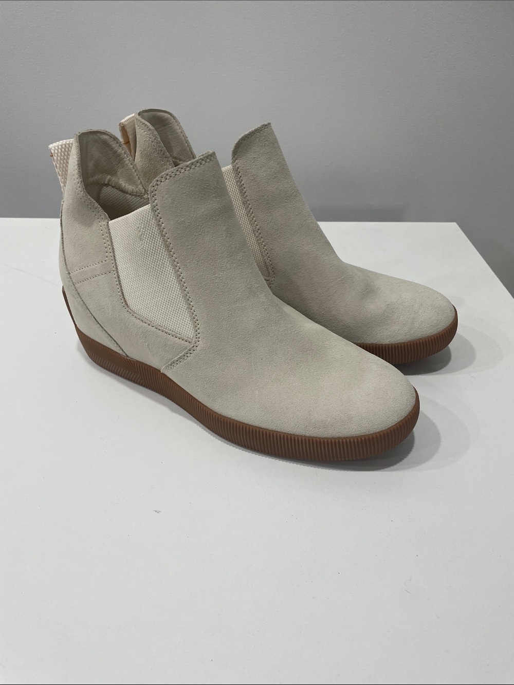 Sorel Cream Suede Wedge Chelsea Ankle Boots with Brown Rubber Sole